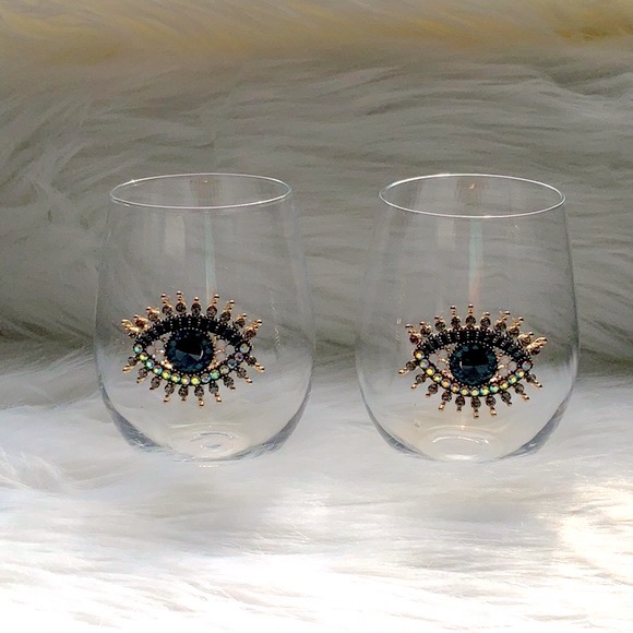 RACHEL ZOE EVIL EYE HAMSA STEMLESS WINE GLASS DRINKWARE - Picture 3 of 8